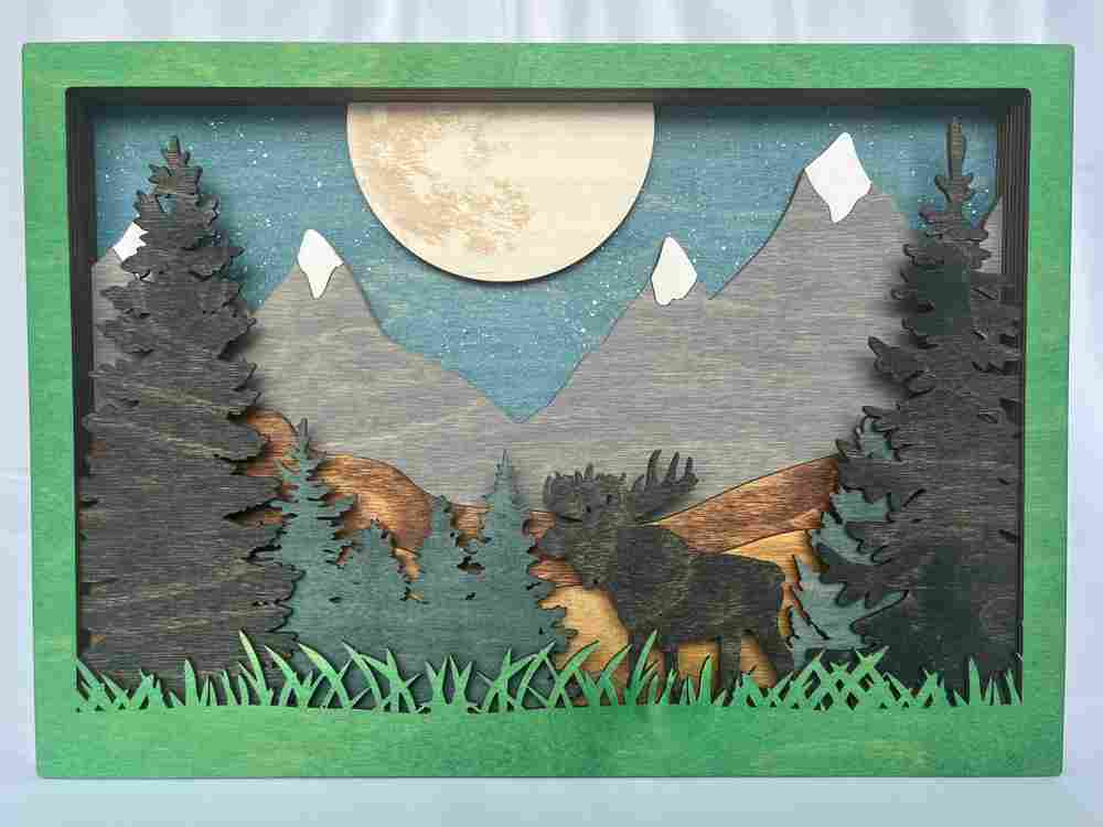 Layered Wood Moose Wall Art – Rustic Mountain & Forest Scene