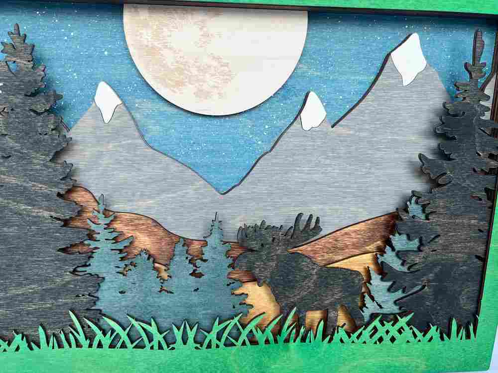 Layered Wood Moose Wall Art – Rustic Mountain & Forest Scene