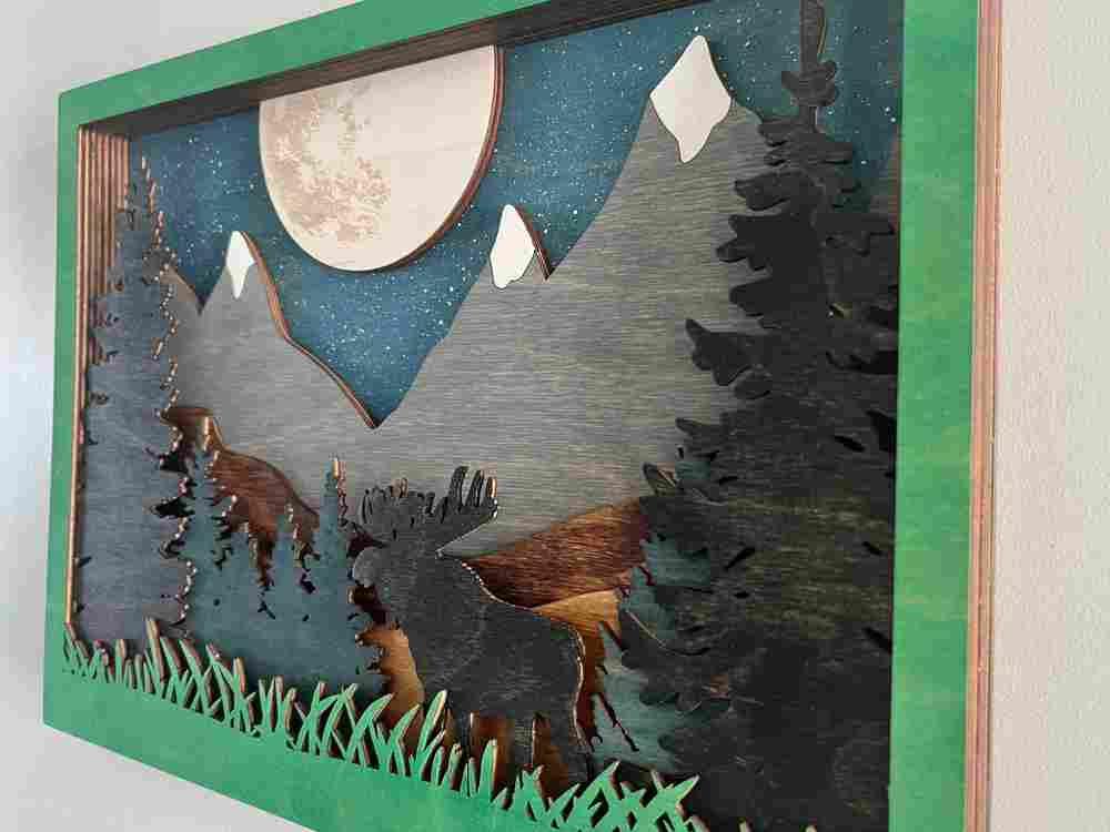 Layered Wood Moose Wall Art – Rustic Mountain & Forest Scene
