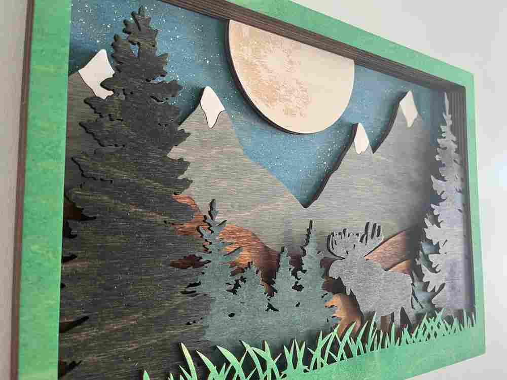 Layered Wood Moose Wall Art – Rustic Mountain & Forest Scene
