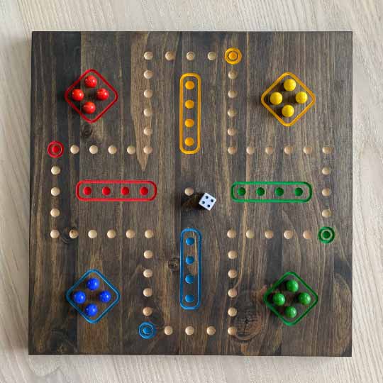 Double-Sided Wooden Aggravation board game with Marbles and Dice.  Both 6 and 4 player versions on one board