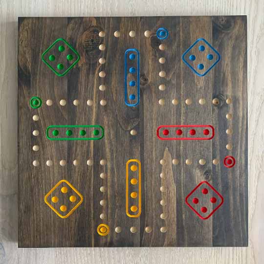 Double-Sided Wooden Aggravation board game with Marbles and Dice.  Both 6 and 4 player versions on one board