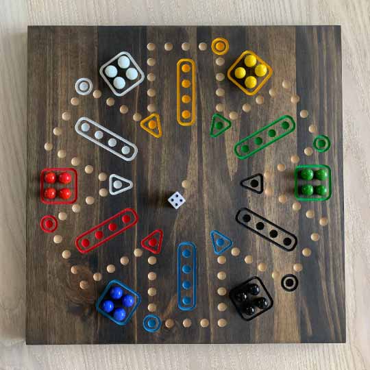 Double-Sided Wooden Aggravation board game with Marbles and Dice.  Both 6 and 4 player versions on one board