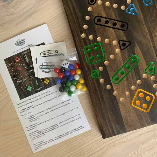 Double-Sided Wooden Aggravation board game with Marbles and Dice.  Both 6 and 4 player versions on one board