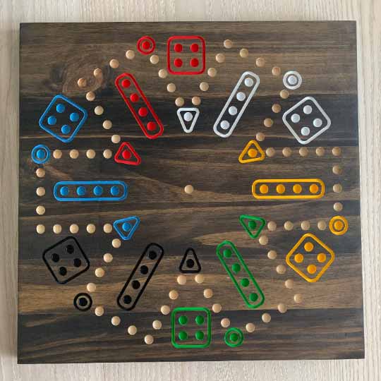Double-Sided Wooden Aggravation board game with Marbles and Dice.  Both 6 and 4 player versions on one board