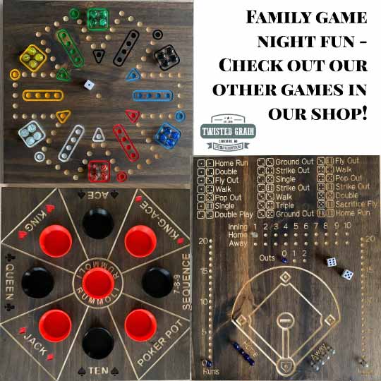 Double-Sided Wooden Aggravation board game with Marbles and Dice.  Both 6 and 4 player versions on one board 